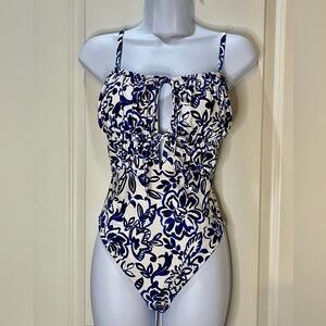 Free Assembly Floral One-Piece Swimsuit Blue and White Front Ties Size M 8/10